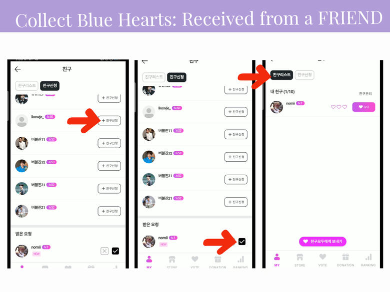 (4) Click the 'Add' button and wait to be accepted. (5) To accept a friend request, scroll down the same page until you see all requests, press βοΈ (6) To view all your friends, press the 1st tab. You can add up to 10 friends