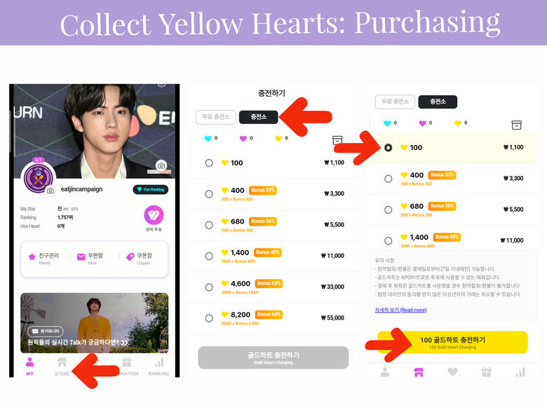 (1) Tap 'Store' icon. (2) Tap the 2nd tab on the upper left corner of the page. (3) Select package and press yellow button, attach your payment method & you're done. This is not an auto-deduction payment, you'll not be charged if you didn't buy on this app
