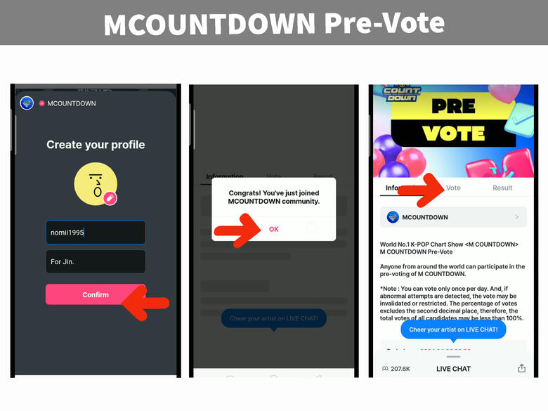 (4) Enter your details and hit 'Confirm'. (5) Click 'Ok' to continue. (6) Go to 'Vote' tab.