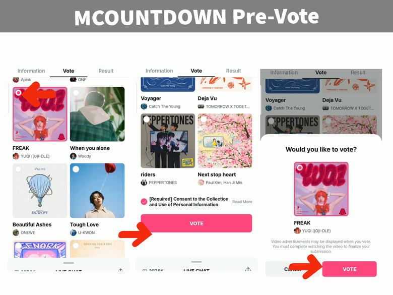 (7) Look for Jin's song and click it, for this tutorial, let's use this song. (8) Scroll down until you see 'VOTE' button, press it. (9) Click 'Vote' button again, complete captcha and watch ads.