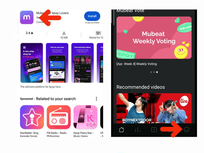 (1) Download Mubeat app to your phone. (2) Open app and press the last icon (right side).