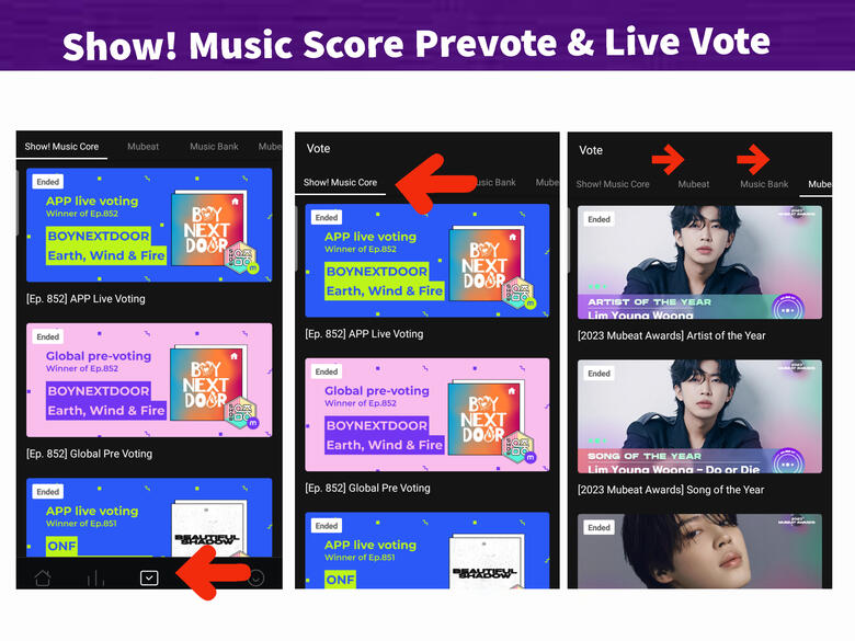 If there's any prevoting or live voting for Jin, you'll find it here. (1) Go to βοΈ button on the lower center of the page. (2) Go to 'Music Core' tab & you'll see active voting below it. (3) Check any other Mubeat polls for Jin by scrolling to the right.