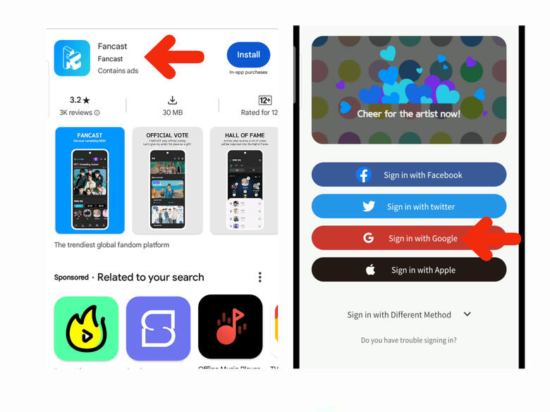 (1) Install Fancast app on your phone. (2) If you wanted to create 1 account, then you can just use any SNS above to sign-up but if you wanted to create multiple accounts, see guides below.