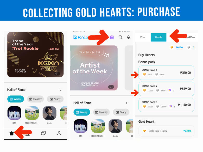 (1) From the home page. (2) Click the 'bag' icon. (3) Go to 'Hearts' button and choose package you wanted to buy. Our team's organizing bulk buying for a cheaper price from 3rd party, coordinate w/ voting team before spending your money.