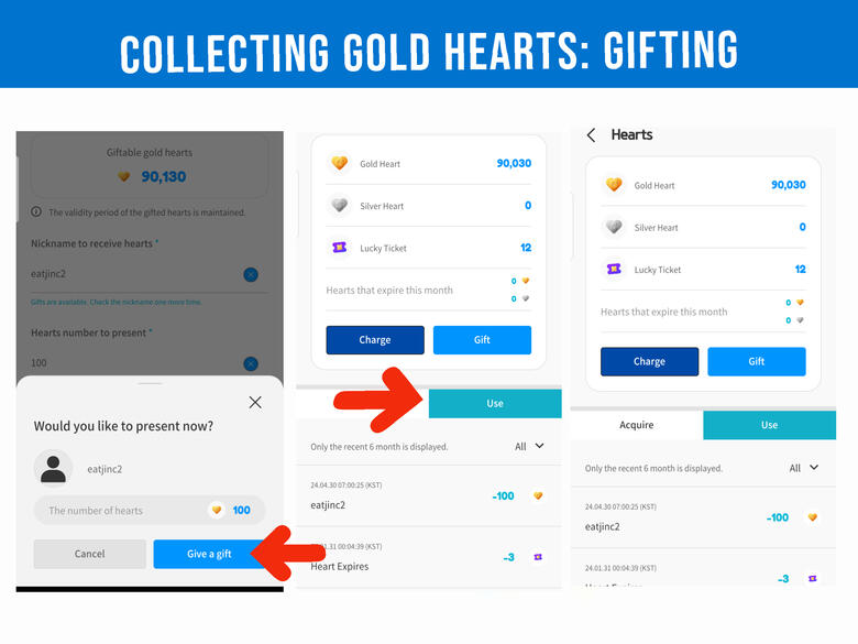 (4) Press 'Give a gift' button again to finish gifting. (5) To check if it was sent, on the same page, scroll down & click 'Used' button. (3) On this page, you'll see your all your hearts and if there's expiring.