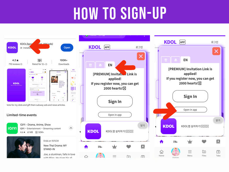 (1) Install KDOL app on your phone. (2) After installing, go back here and click our referral link, press EN on the pop-up box to translate in English. (3) Click &#39;Open in App&#39; button.