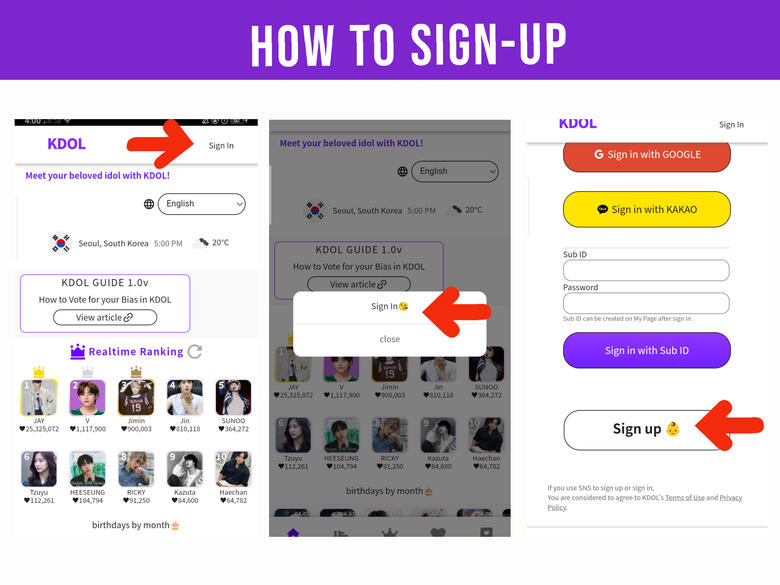 (7) Click &#39;Sign in&#39; label on the upper right corner of the page. (8) Click &#39;Sign in&#39; on the pop-up box. (9) Scroll down and click &#39;Sign Up&#39;.