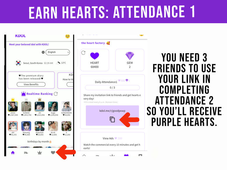 (1) Go to Hearts station by pressing ♡ on the lower part of the page. (2) Scroll down and look for &#39;Attendance 1&#39; then copy your link. Give it to your 3 friends, ask them to access it everyday. Or you can just create 4 accounts and access your own links.