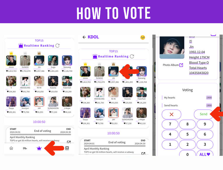 (1) Go to 'Crown' icon on the lower center of the page. (2) Look and click for Jin. (3) Enter the number of purple hearts you want to drop, then press 'Send' button.