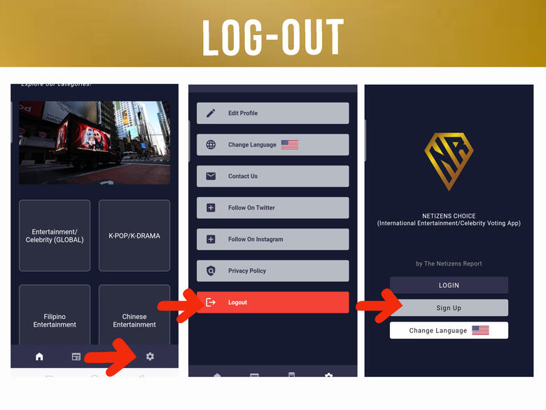 (1) Click the 'Setting' icon on the lower right corner of the page. (2) Click 'Log-out' button. (3) Create additional accounts and vote more!