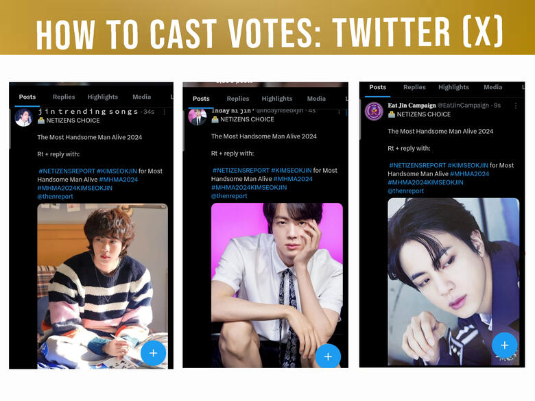 Tweet and re-tweet with this template π#NETIZENSREPORT #KIMSEOKJIN for Most Handsome Man Alive #MHMA2024 #MHMA2024KIMSEOKJIN @thenreport π Add different captions on your post, tweet moderately to avoid shadowban.
