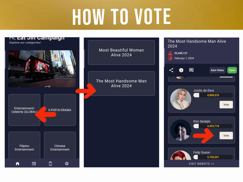 (1) On your home page, click &#39;GLOBAL&#39; button. (2) Click &#39;The Most Handsome Man Alive 2024&#39; button. (3) Scroll and look for Jin, then press the vote button (right side).