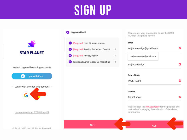 (4) Choose how to sign-up, let's use Google for now. (5) Tick 'Agree all terms' and hit 'Next' button to continue. (6) Enter necessary information and click 'Next'.