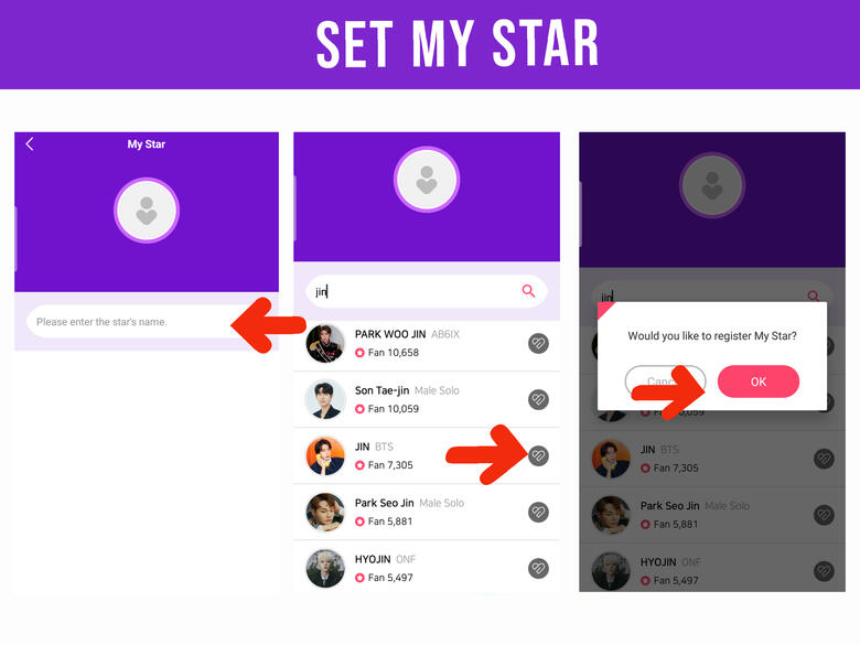 (4) Search for Jin. (5) Scroll down and click β‘ right side of Jin's name. (6) Click 'OK' to finish.