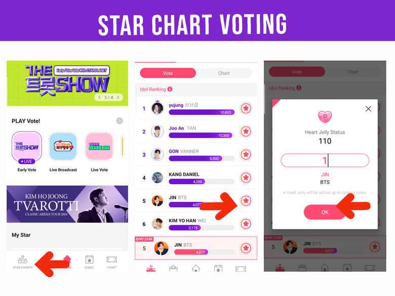 FOR EXPIRING HEART JELLY ONLY (1) Go to &#39;Star Chart&#39; page. (2) Look for Jin, click the ❤️ (right side). (3) Enter number of your expiring ❤️ then hit &#39;OK&#39;