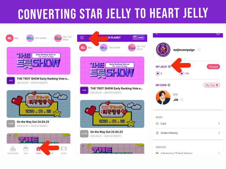 (1) Go to home page. (2) Tap the three bars on the upper left corner of the page. (3) Press &#39;My Jelly&#39; with grey right arrow.