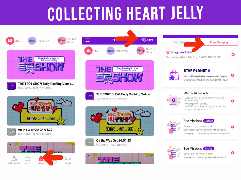(1) From your home page, (2) Press the 'Charging' button on the upper right corner of the page. (3) Go to 'Free Charging' tab. Watch ads and do missions.