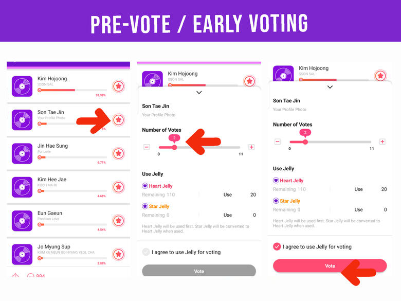 (4) Scroll down and look for Jin, for this tutorial, let&#39;s use other artist. Click the red star (right corner). (5) Drag the slider to choose number of votes. (3) Tick &#39;Agree All Terms&#39; and hit &#39;Vote&#39; button.
