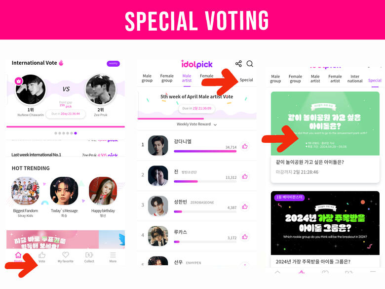(1) Go to &#39;Vote&#39; page. (2) Go to &#39;Special&#39; tab. (3) Click for category where Jin is nominated.