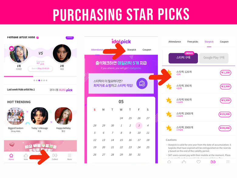 (1) Go to &#39;Charging&#39; page. (2) Go to &#39;Star Picks&#39; tab. (3) Choose package to buy.