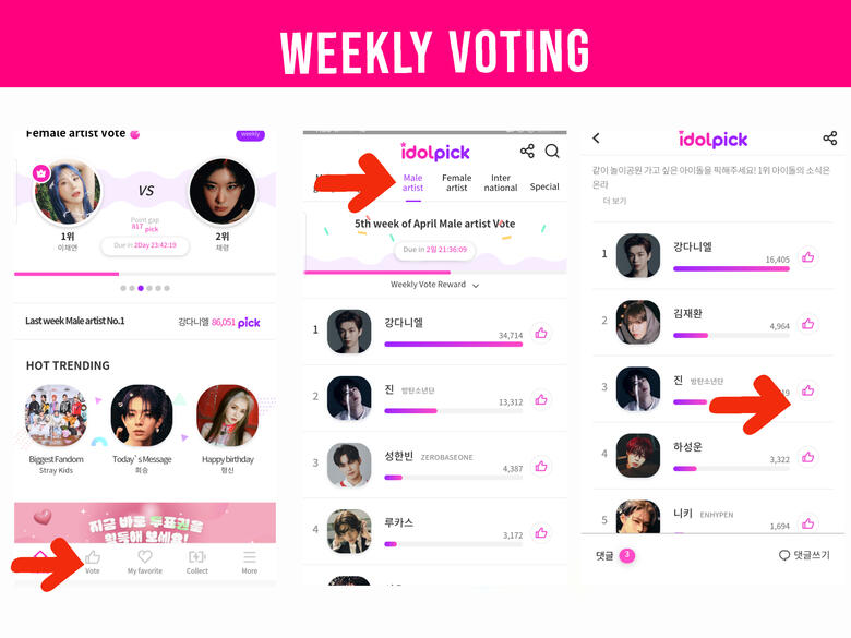 (1) Go to 'Vote' page. (2) Go to 'Mail Artist' tab. (3) Scroll down and look for Jin, press the thumbs-up icon (right side).
