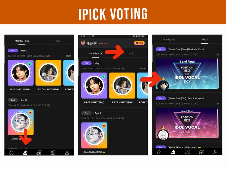 (1) Go to 'Ballot Box' icon. (2) Go to 'IPick' tab. (3) Select boy category where Jin is nominated.