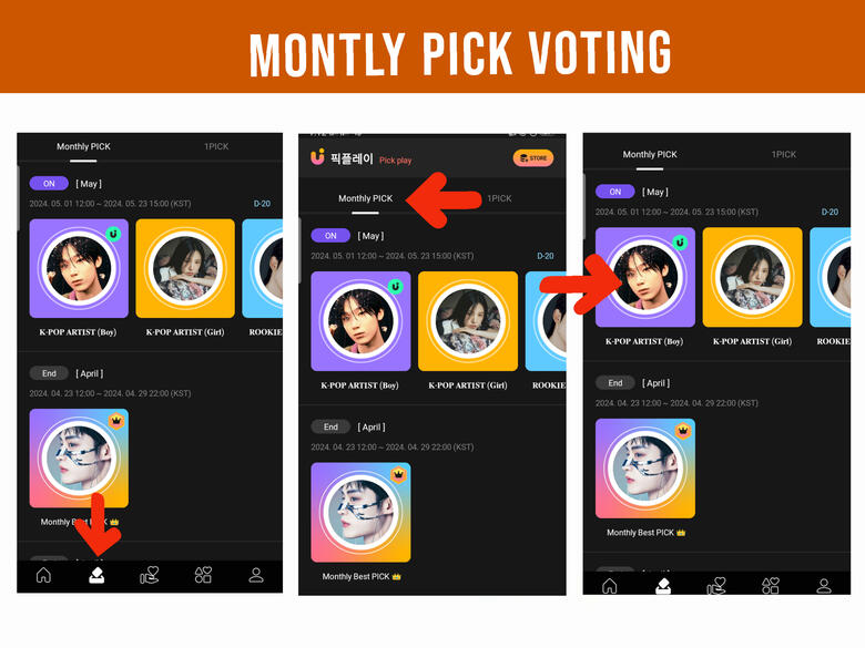 (1) Go to 'Ballot Box' icon. (2) Go to 'Montly Pick' tab. (3) Select boy category.
